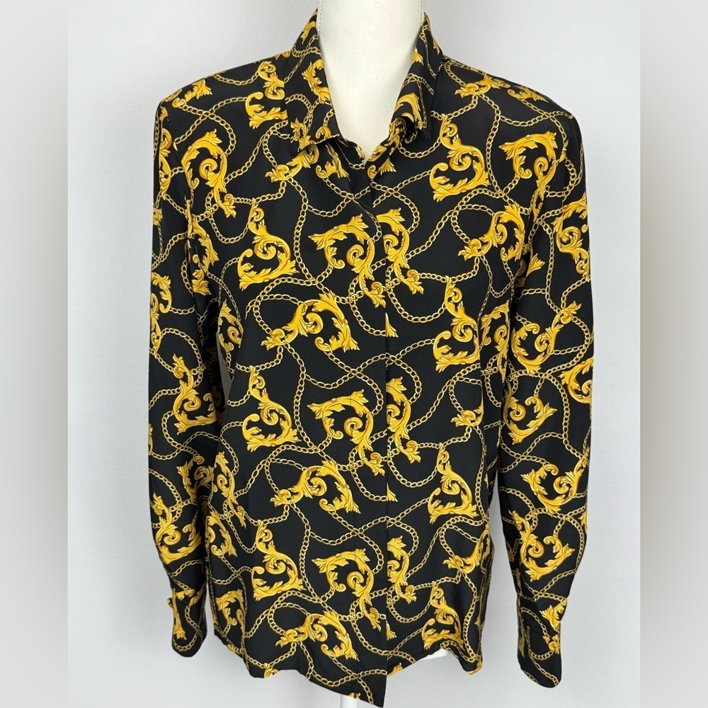 Vintage 90s Barrie Pace Ltd Women’s Silk Blouse Black Gold Chain Print Size 4